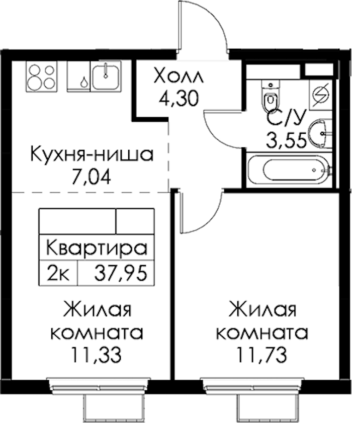 1-комнатная квартира 37.95 м², 9/15 эт., ЖК «Янинский лес»